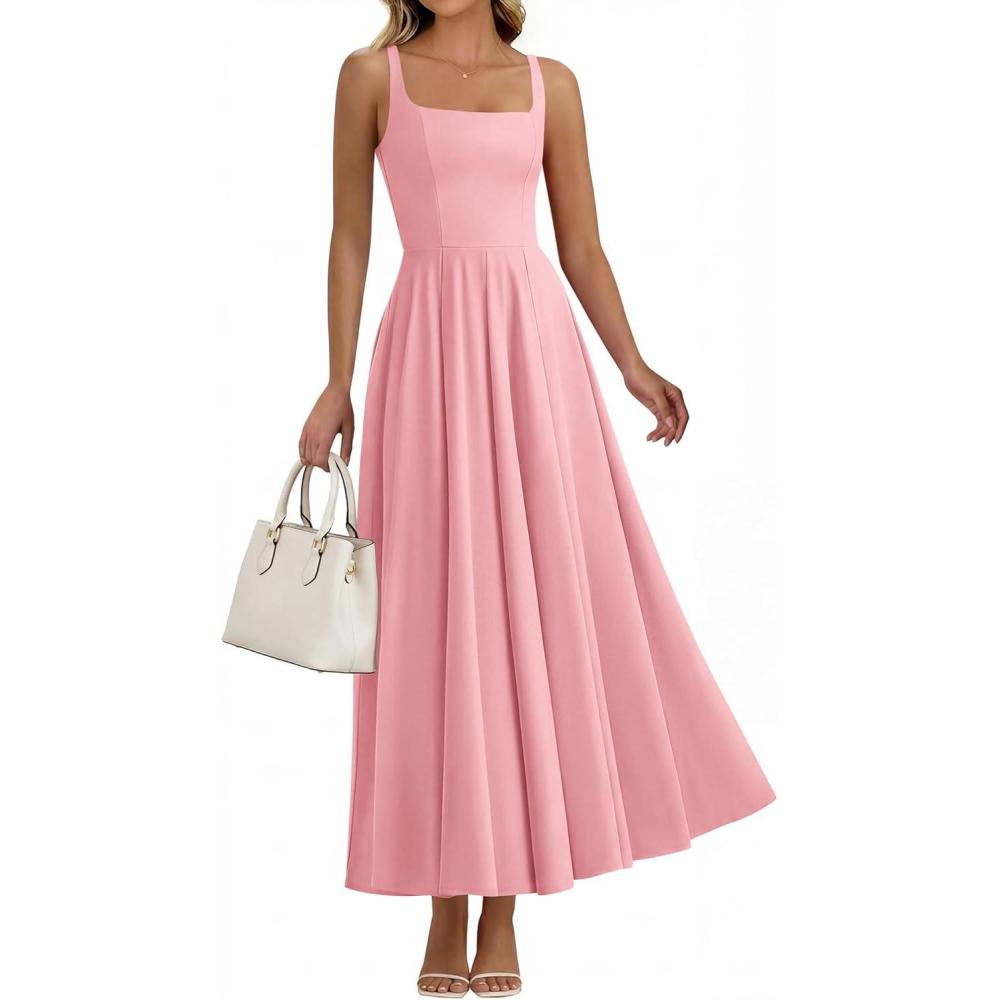 imageBTFBM Women Summer Square Neck Maxi Dress Spring 2026 Elegant Classy Sleeveless Formal Wedding Guest Cocktail DressesPink