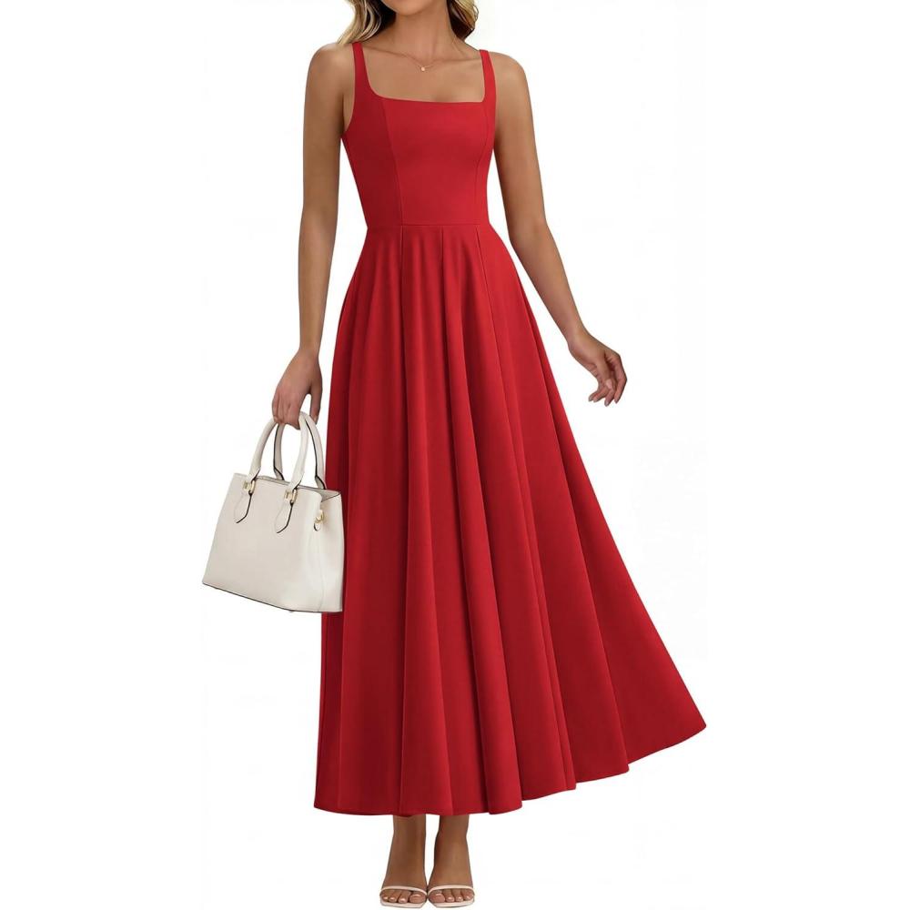 imageBTFBM Women Summer Square Neck Maxi Dress Spring 2026 Elegant Classy Sleeveless Formal Wedding Guest Cocktail DressesRed