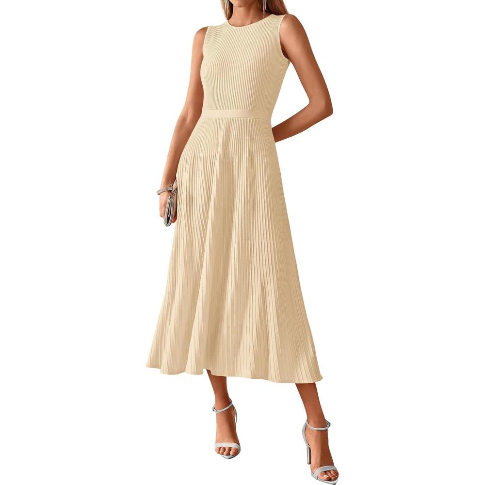 imageBTFBM Women Tank Midi Dress Summer Crewneck Sleeveless Pleated A Line Business Casual Formal Sweater Spring Dresses 2026Apricot