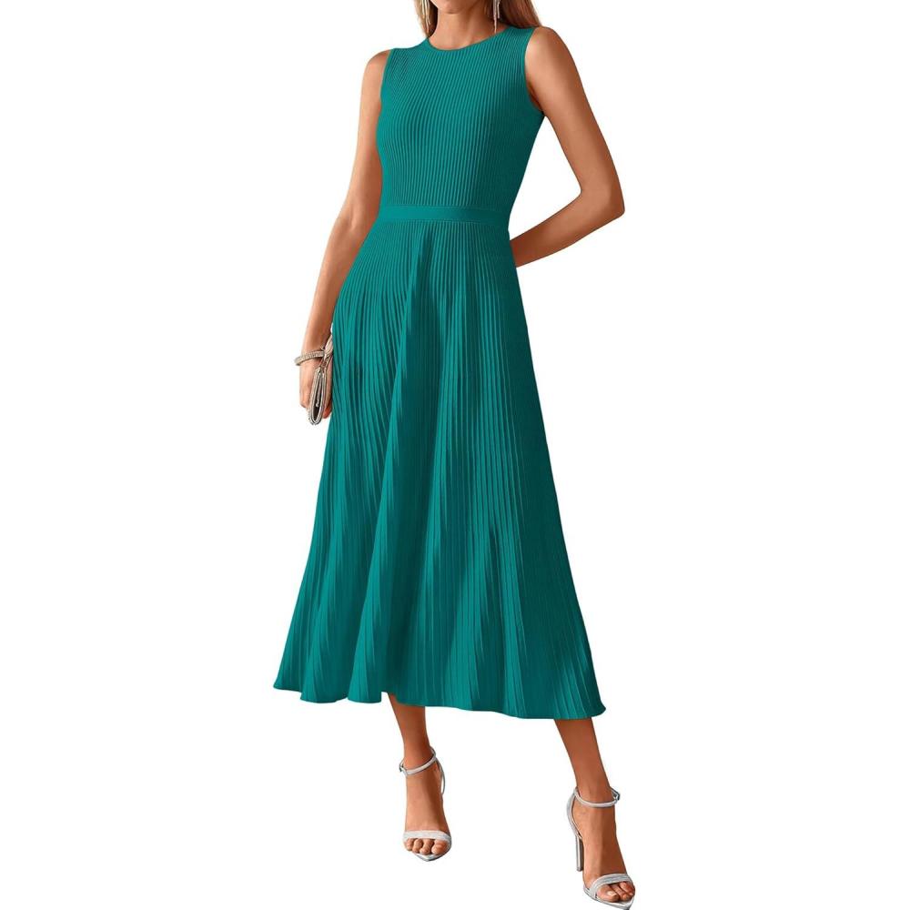 imageBTFBM Women Tank Midi Dress Summer Crewneck Sleeveless Pleated A Line Business Casual Formal Sweater Spring Dresses 2026Lake Blue