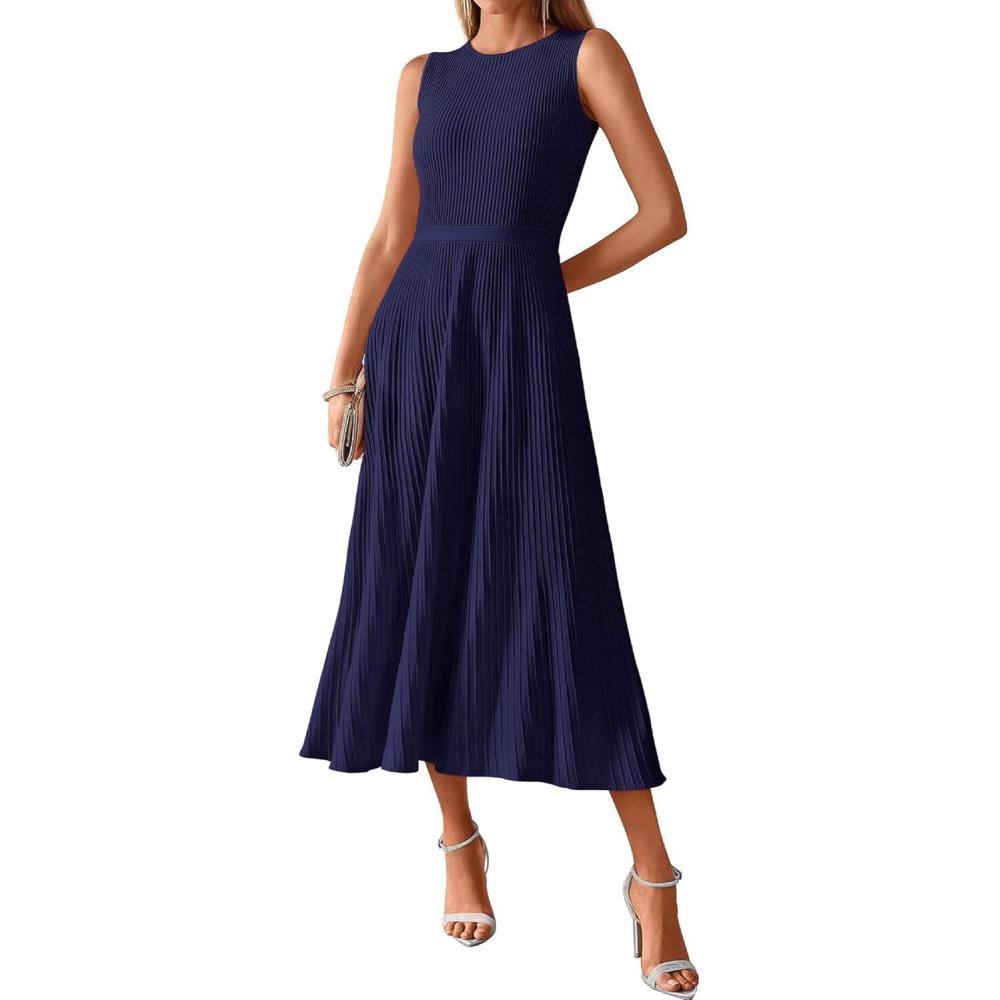 imageBTFBM Women Tank Midi Dress Summer Crewneck Sleeveless Pleated A Line Business Casual Formal Sweater Spring Dresses 2026Navy