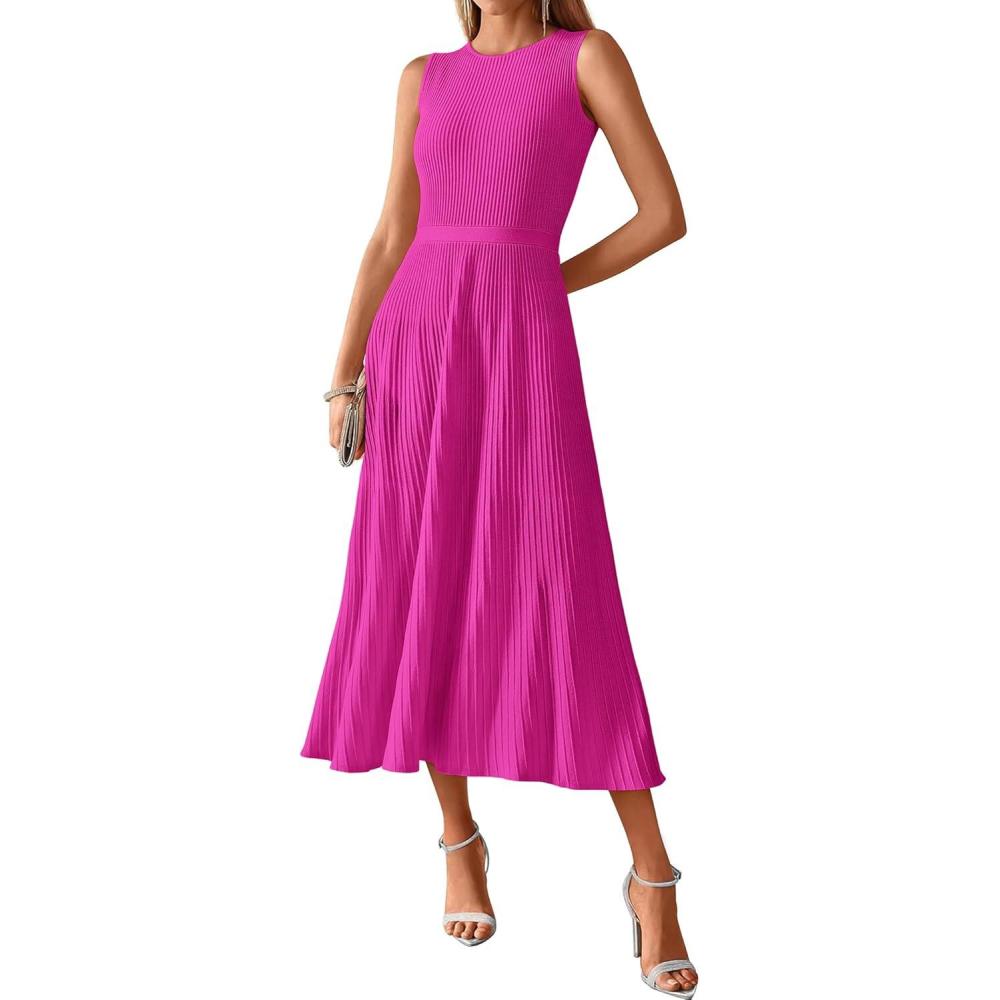 imageBTFBM Women Tank Midi Dress Summer Crewneck Sleeveless Pleated A Line Business Casual Formal Sweater Spring Dresses 2026Rose Red