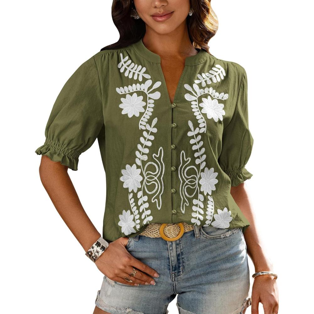 imageBTFBM Womens 2026 Spring Tops Casual Floral Boho V Neck Puff Short Sleeve Button Down Shirts Embroidered Blouses TunicFloral Army Green White