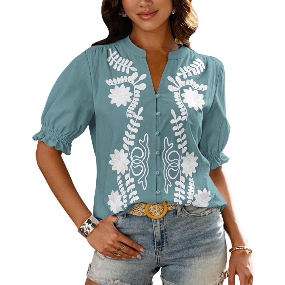 imageBTFBM Womens 2026 Spring Tops Casual Floral Boho V Neck Puff Short Sleeve Button Down Shirts Embroidered Blouses TunicFloral Blue Green White