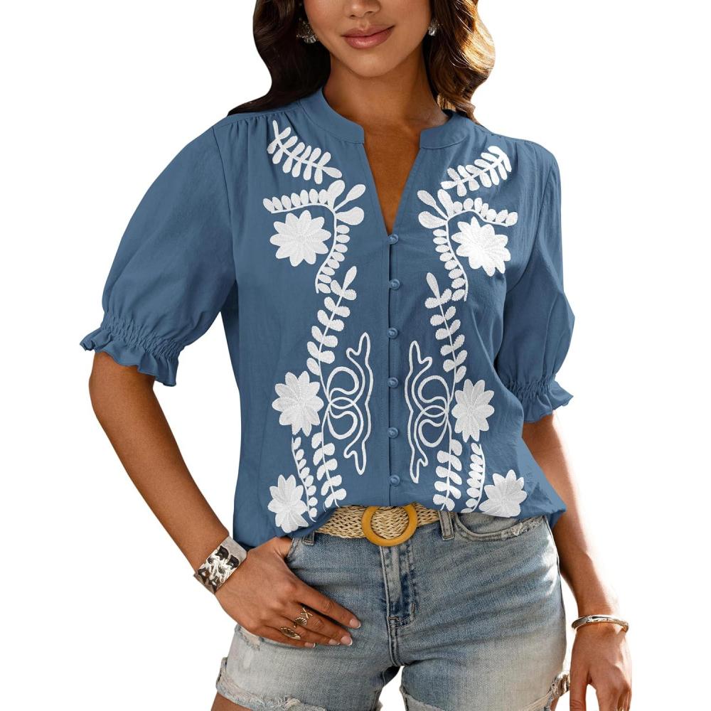 imageBTFBM Womens 2026 Spring Tops Casual Floral Boho V Neck Puff Short Sleeve Button Down Shirts Embroidered Blouses TunicFloral Grey Blue White