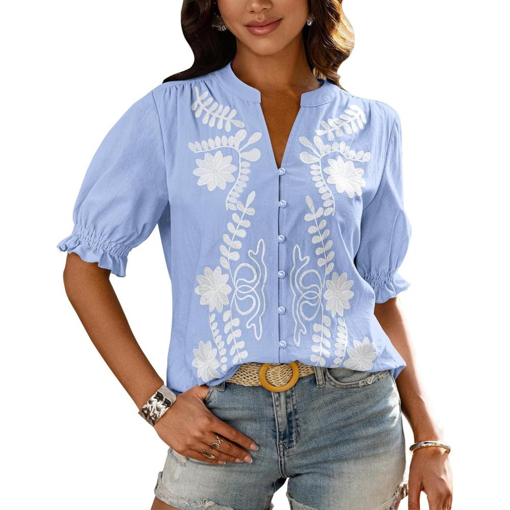 imageBTFBM Womens 2026 Spring Tops Casual Floral Boho V Neck Puff Short Sleeve Button Down Shirts Embroidered Blouses TunicFloral Light Blue White