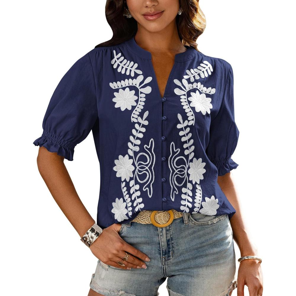 imageBTFBM Womens 2026 Spring Tops Casual Floral Boho V Neck Puff Short Sleeve Button Down Shirts Embroidered Blouses TunicFloral Navy White