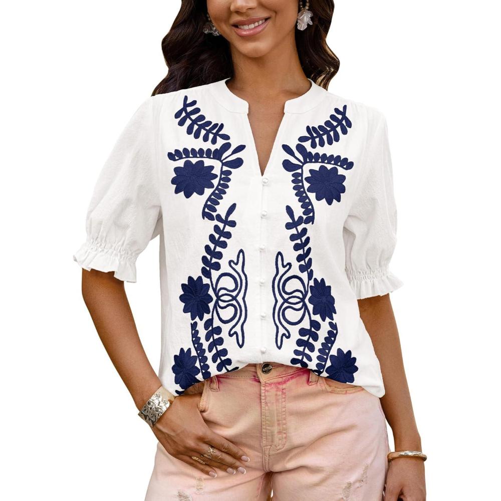 imageBTFBM Womens 2026 Spring Tops Casual Floral Boho V Neck Puff Short Sleeve Button Down Shirts Embroidered Blouses TunicFloral White Blue