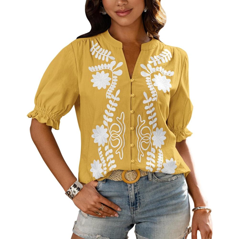 imageBTFBM Womens 2026 Spring Tops Casual Floral Boho V Neck Puff Short Sleeve Button Down Shirts Embroidered Blouses TunicFloral Yellow White