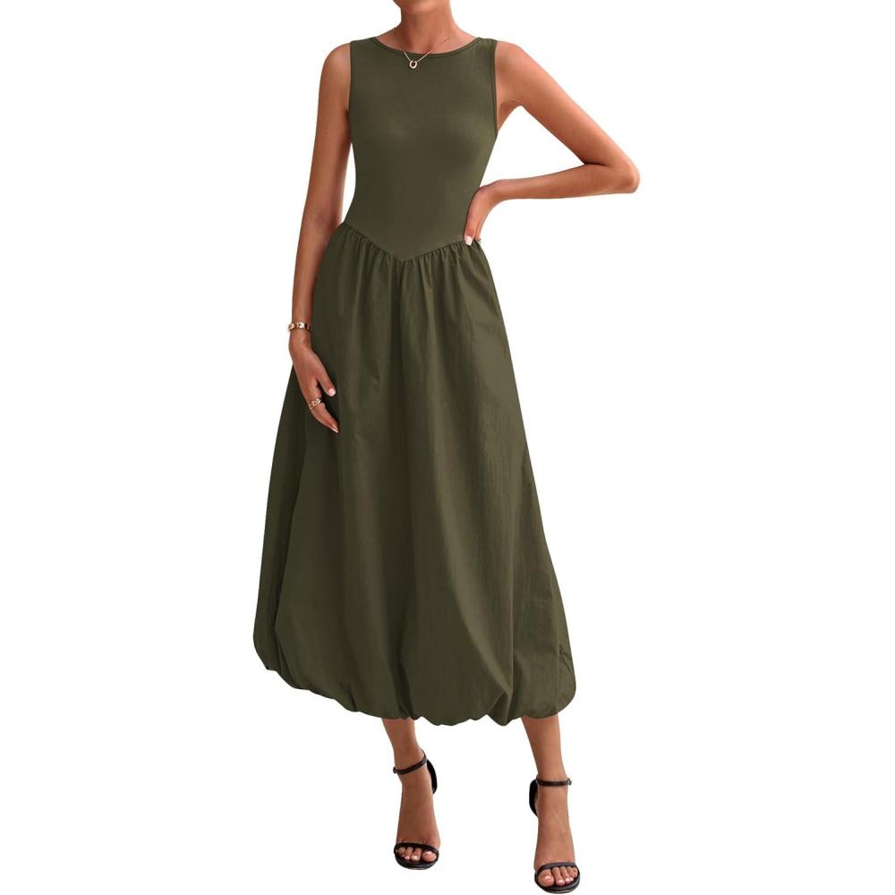imageBTFBM Womens 2026 Summer Casual Sleeveless Midi Dress Patchwork Knit Tank Bubble Long Flowy Beach Maxi Sundress PocketsArmy Green