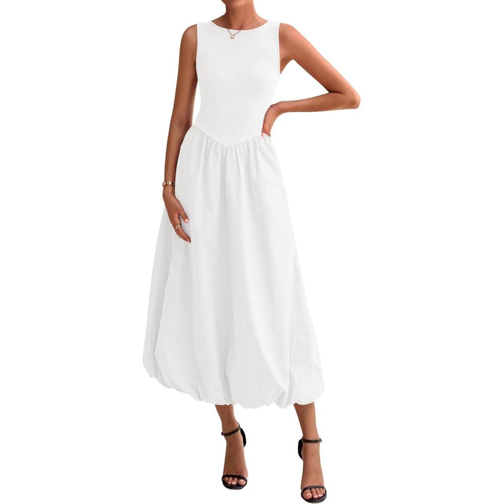 imageBTFBM Womens 2026 Summer Casual Sleeveless Midi Dress Patchwork Knit Tank Bubble Long Flowy Beach Maxi Sundress PocketsWhite