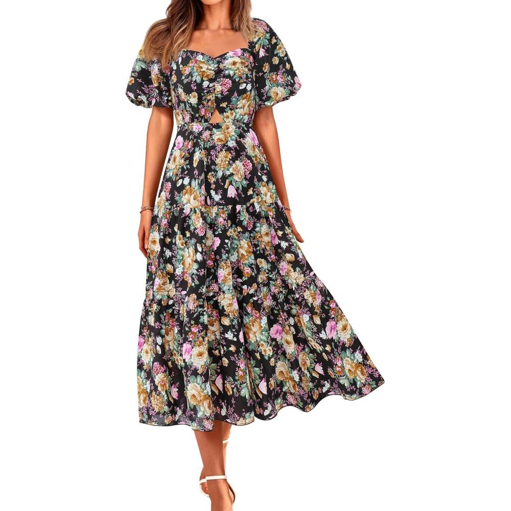 imageBTFBM Womens Clothing Spring Summer Dresses 2026 Beach Vacation Short Sleeve Smocked Back Boho Casual Floral Maxi DressFloral Black Yellow