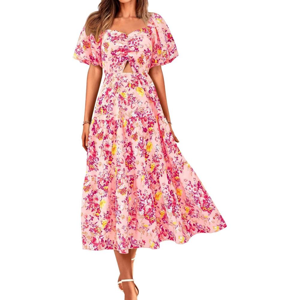 imageBTFBM Womens Clothing Spring Summer Dresses 2026 Beach Vacation Short Sleeve Smocked Back Boho Casual Floral Maxi DressFloral Pink Red
