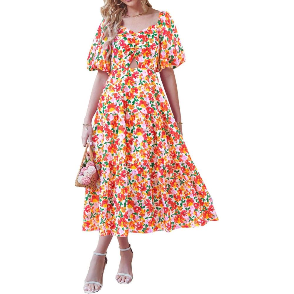 imageBTFBM Womens Clothing Spring Summer Dresses 2026 Beach Vacation Short Sleeve Smocked Back Boho Casual Floral Maxi DressFloral White Red