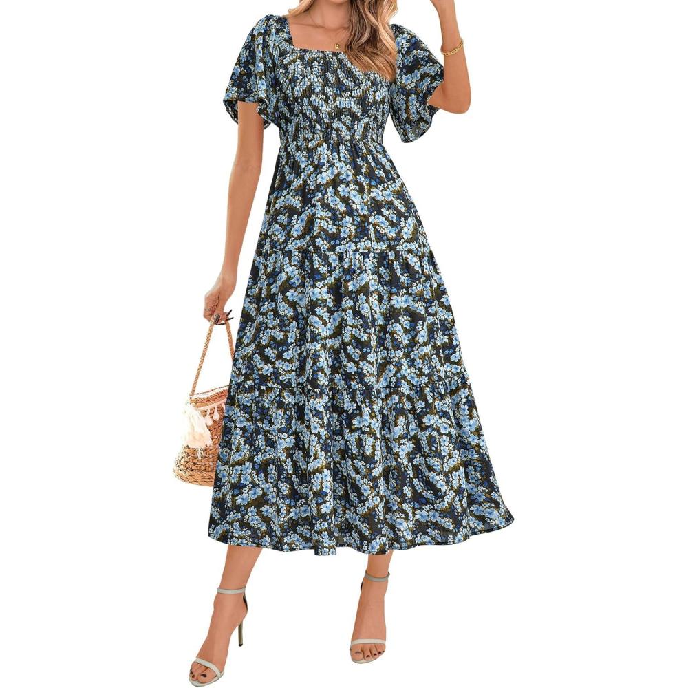imageBTFBM Womens Clothing Wedding Guest Dresses Casual Boho Floral Short Sleeve Smocked Maxi Beach Spring Summer Dress 2026Floral Blue Yellow