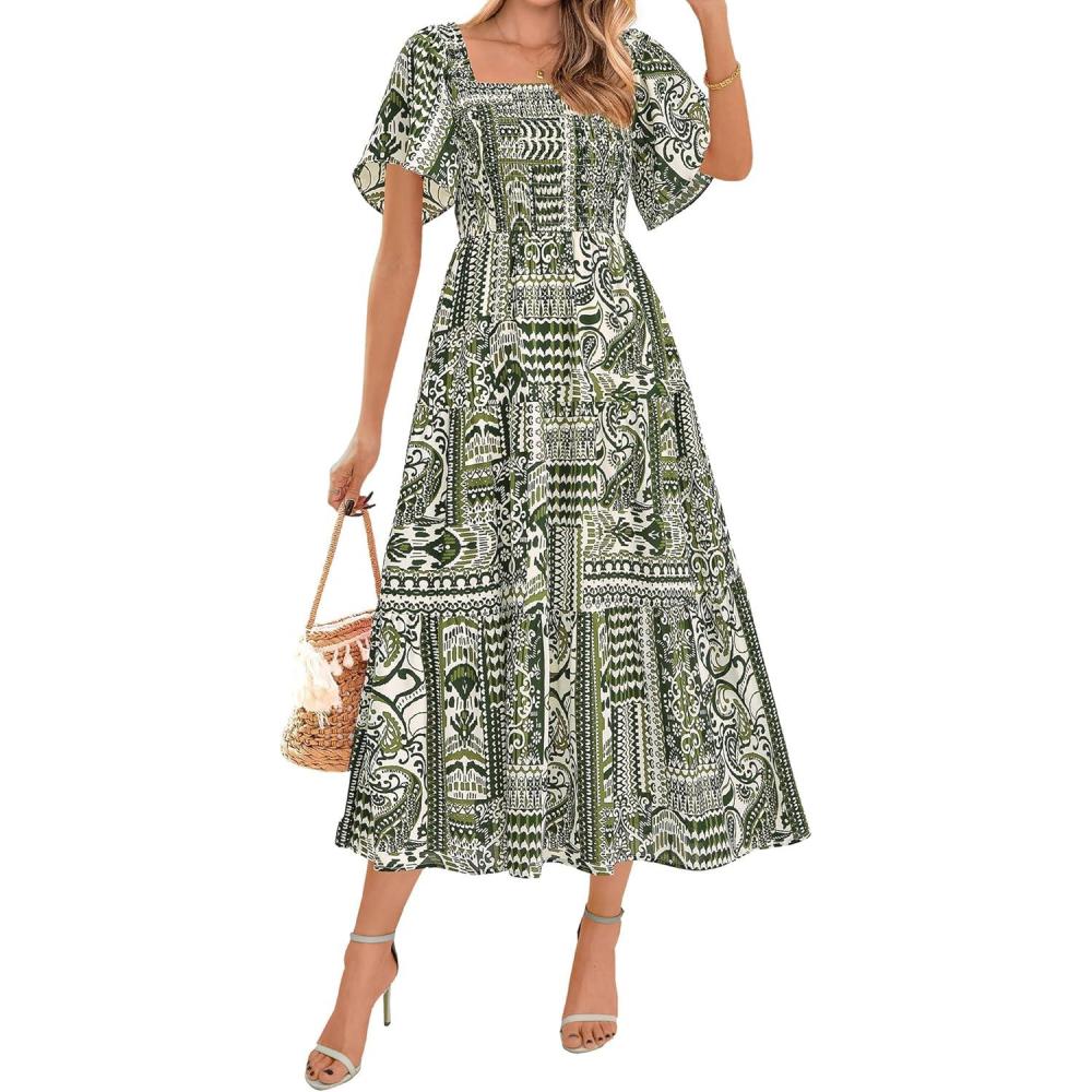 imageBTFBM Womens Clothing Wedding Guest Dresses Casual Boho Floral Short Sleeve Smocked Maxi Beach Spring Summer Dress 2026Floral Grass Green