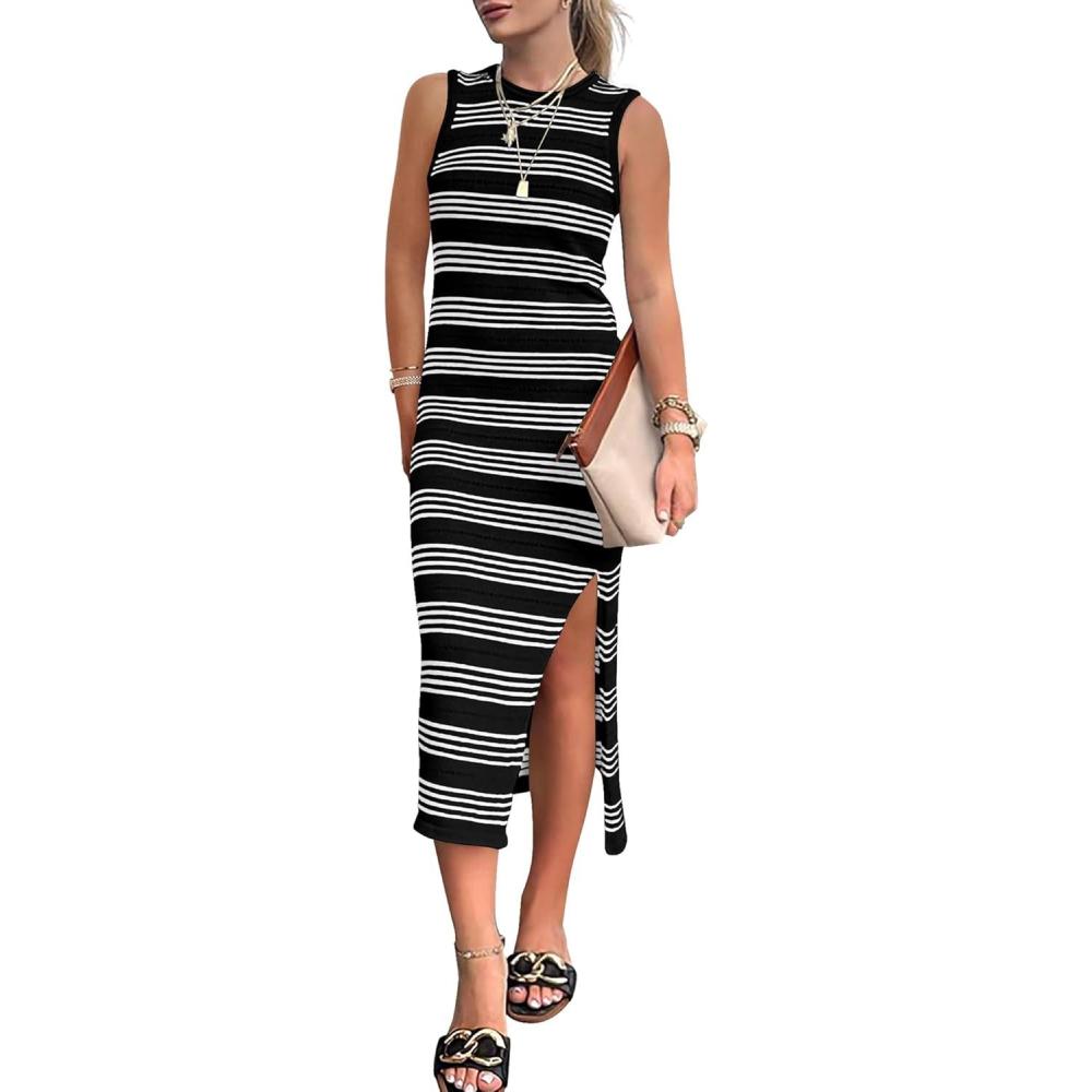 imageBTFBM Womens Sleeveless Summer Dresses 2025 Crew Neck Casual Sundress Hollow Out Side Slit Bodycon Knit Long Tank DressBlack