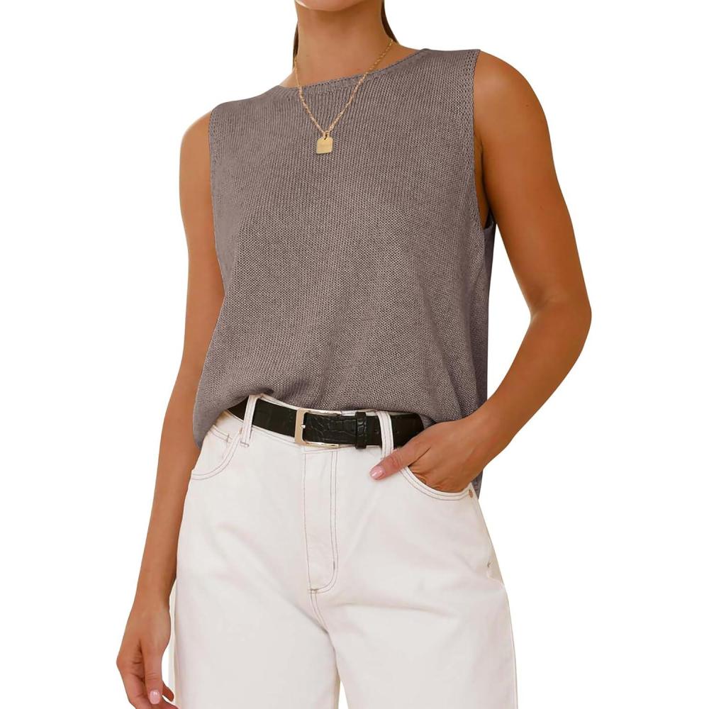 imageBTFBM Womens Sleeveless Sweater Vest 2026 Summer Crew Neck Ribbed Knit Lightweight Pullover Casual Loose Fit Tank TopsApricot Khaki