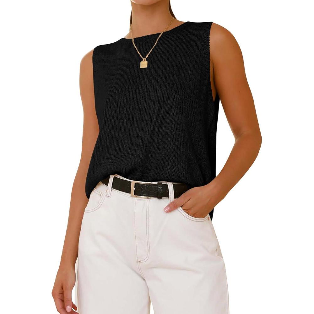 imageBTFBM Womens Sleeveless Sweater Vest 2026 Summer Crew Neck Ribbed Knit Lightweight Pullover Casual Loose Fit Tank TopsBlack