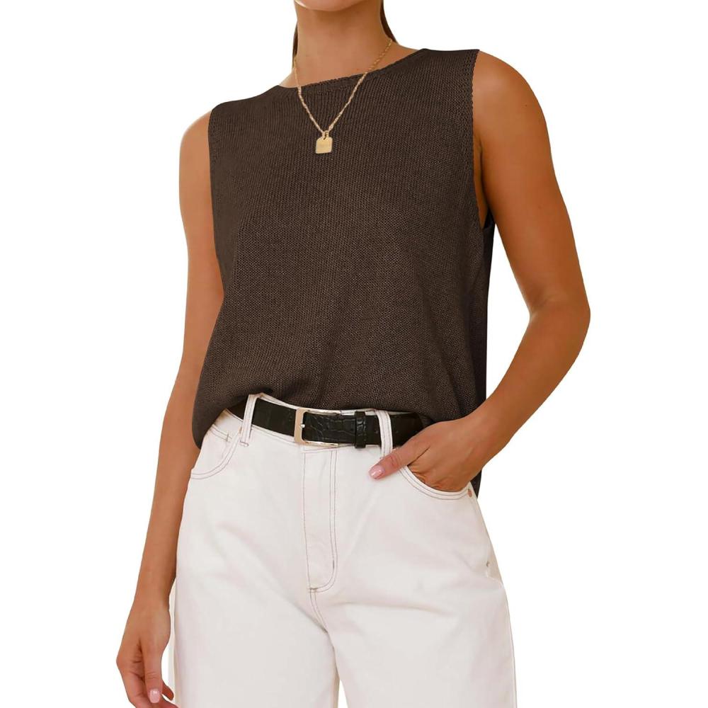 imageBTFBM Womens Sleeveless Sweater Vest 2026 Summer Crew Neck Ribbed Knit Lightweight Pullover Casual Loose Fit Tank TopsBrown