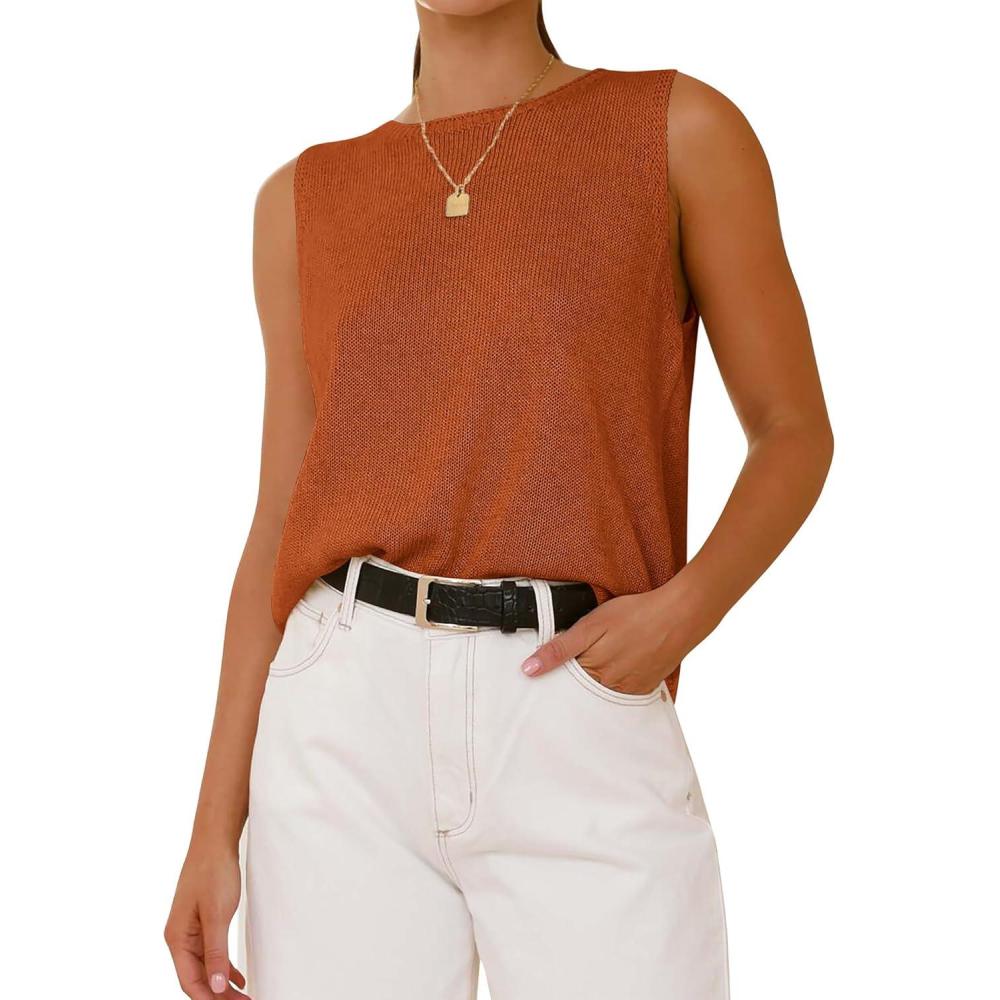 imageBTFBM Womens Sleeveless Sweater Vest 2026 Summer Crew Neck Ribbed Knit Lightweight Pullover Casual Loose Fit Tank TopsCaramel