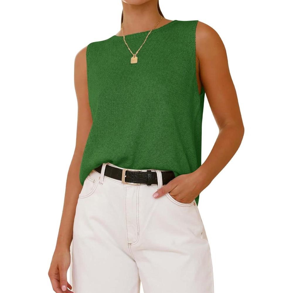 imageBTFBM Womens Sleeveless Sweater Vest 2026 Summer Crew Neck Ribbed Knit Lightweight Pullover Casual Loose Fit Tank TopsGreen