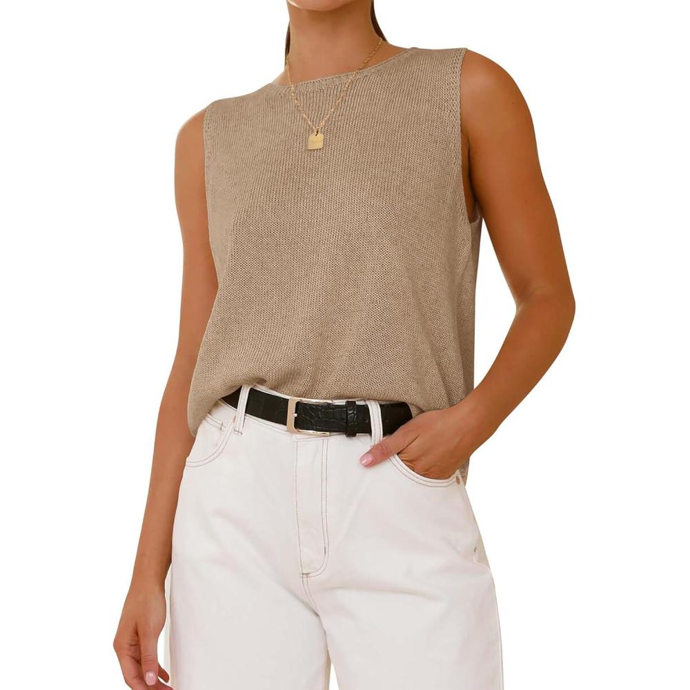 imageBTFBM Womens Sleeveless Sweater Vest 2026 Summer Crew Neck Ribbed Knit Lightweight Pullover Casual Loose Fit Tank TopsKhaki