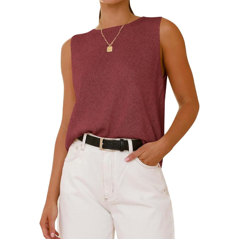 imageBTFBM Womens Sleeveless Sweater Vest 2026 Summer Crew Neck Ribbed Knit Lightweight Pullover Casual Loose Fit Tank TopsMaroon