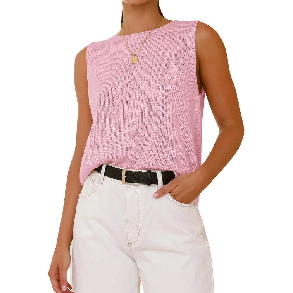 imageBTFBM Womens Sleeveless Sweater Vest 2026 Summer Crew Neck Ribbed Knit Lightweight Pullover Casual Loose Fit Tank TopsPink