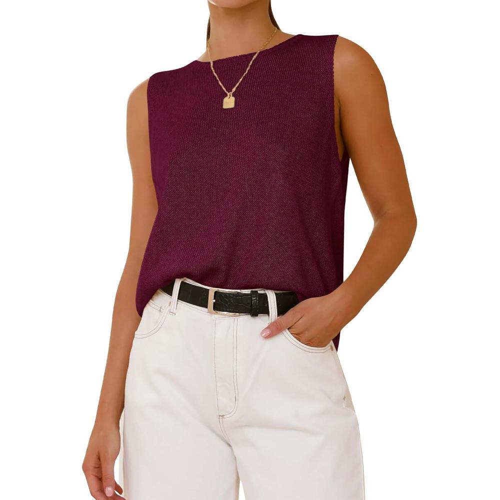 imageBTFBM Womens Sleeveless Sweater Vest 2026 Summer Crew Neck Ribbed Knit Lightweight Pullover Casual Loose Fit Tank TopsWine Red