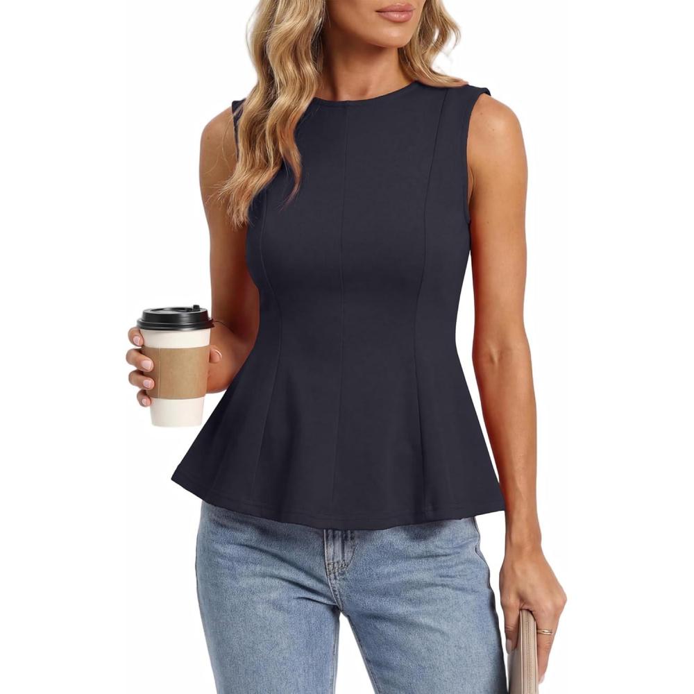 imageBTFBM Womens Summer Tops 2026 Business Casual Outfits Crew Neck Sleeveless Shirts Slim Fit Peplum Tank TopDark Grey
