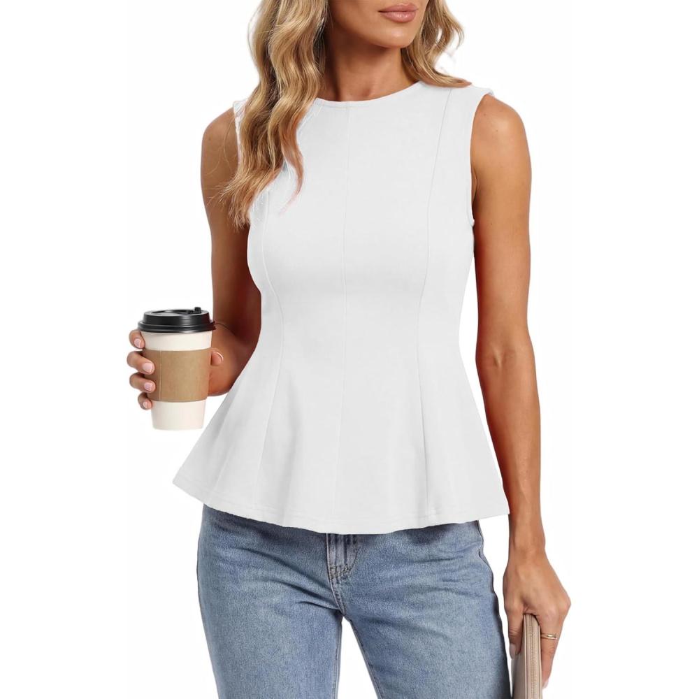 imageBTFBM Womens Summer Tops 2026 Business Casual Outfits Crew Neck Sleeveless Shirts Slim Fit Peplum Tank TopWhite