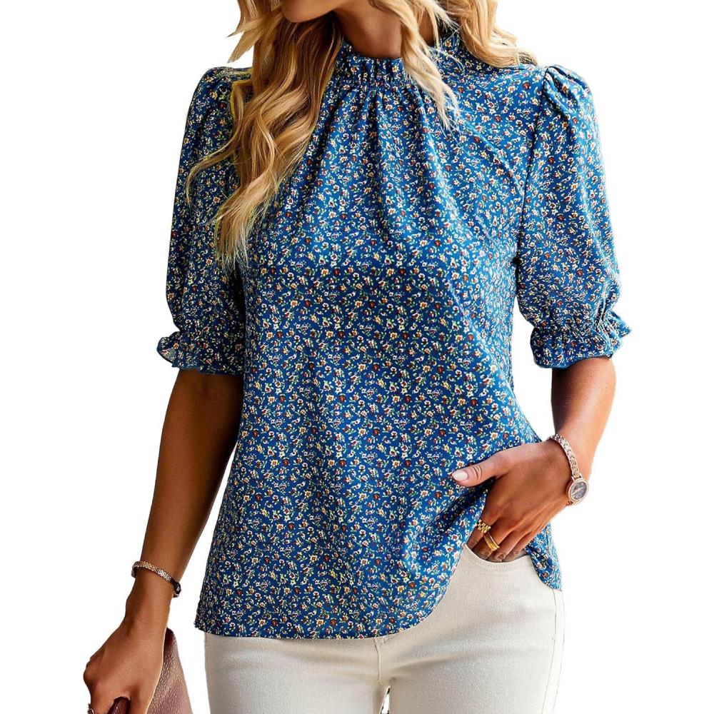 imageBTFBM Womens Tops 2026 Dressy Casual Blouses Summer Spring Clothes Mock Neck Short Sleeve Shirts Business Work Fall OutfitsFloral Blue