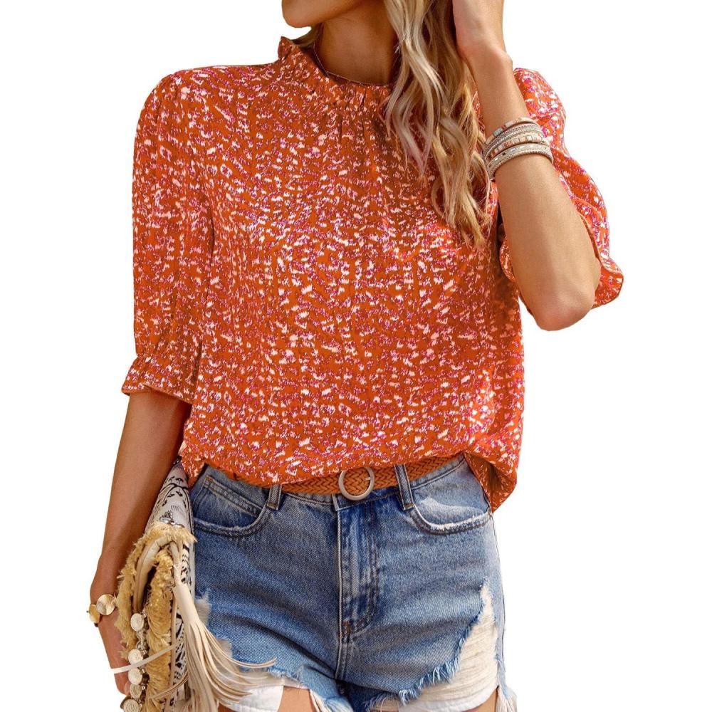 imageBTFBM Womens Tops 2026 Dressy Casual Blouses Summer Spring Clothes Mock Neck Short Sleeve Shirts Business Work Fall OutfitsFloral Red Orange