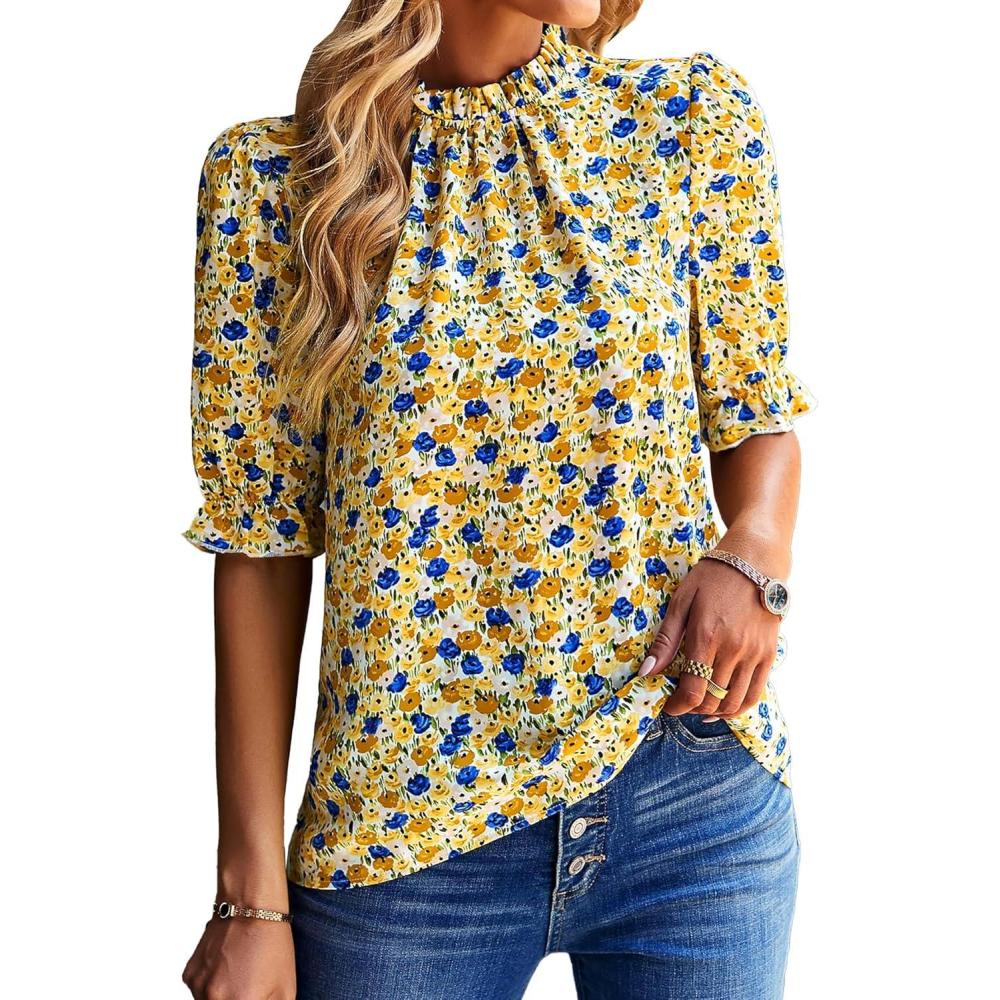 imageBTFBM Womens Tops 2026 Dressy Casual Blouses Summer Spring Clothes Mock Neck Short Sleeve Shirts Business Work Fall OutfitsFloral Yellow