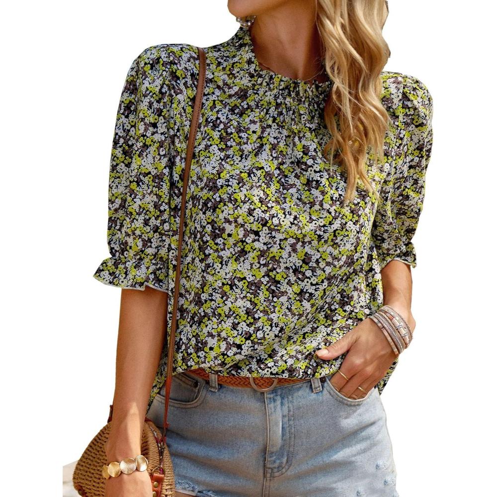 imageBTFBM Womens Tops 2026 Dressy Casual Blouses Summer Spring Clothes Mock Neck Short Sleeve Shirts Business Work Fall OutfitsFloral Yellow White