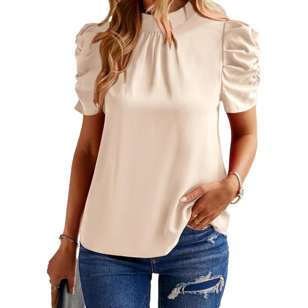 imageBTFBM Womens Tops 2026 Dressy Casual Blouses Summer Spring Clothes Mock Neck Short Sleeve Shirts Business Work Fall OutfitsSolid Beige
