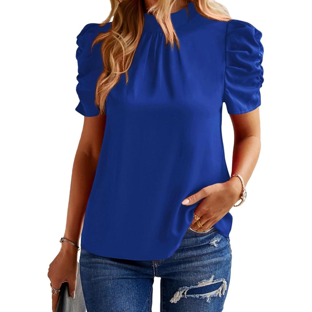 imageBTFBM Womens Tops 2026 Dressy Casual Blouses Summer Spring Clothes Mock Neck Short Sleeve Shirts Business Work Fall OutfitsSolid Blue