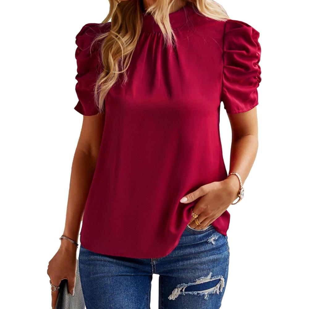 imageBTFBM Womens Tops 2026 Dressy Casual Blouses Summer Spring Clothes Mock Neck Short Sleeve Shirts Business Work Fall OutfitsSolid Wine Red