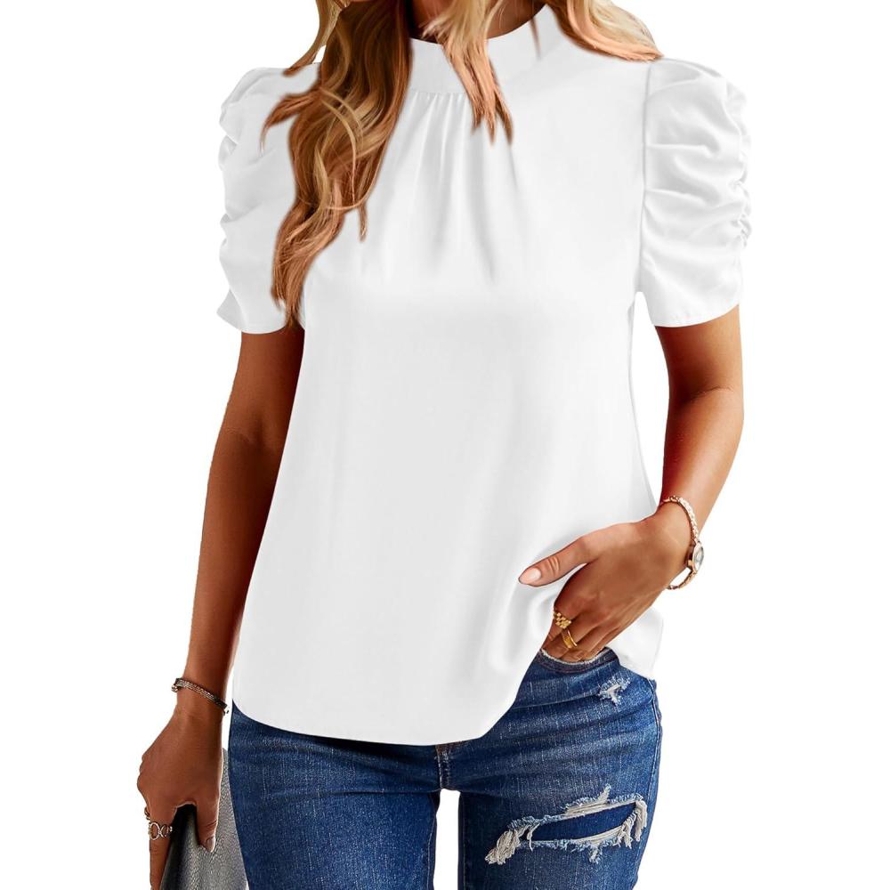 imageBTFBM Womens Tops 2026 Dressy Casual Blouses Summer Spring Clothes Mock Neck Short Sleeve Shirts Business Work Fall OutfitsWhite