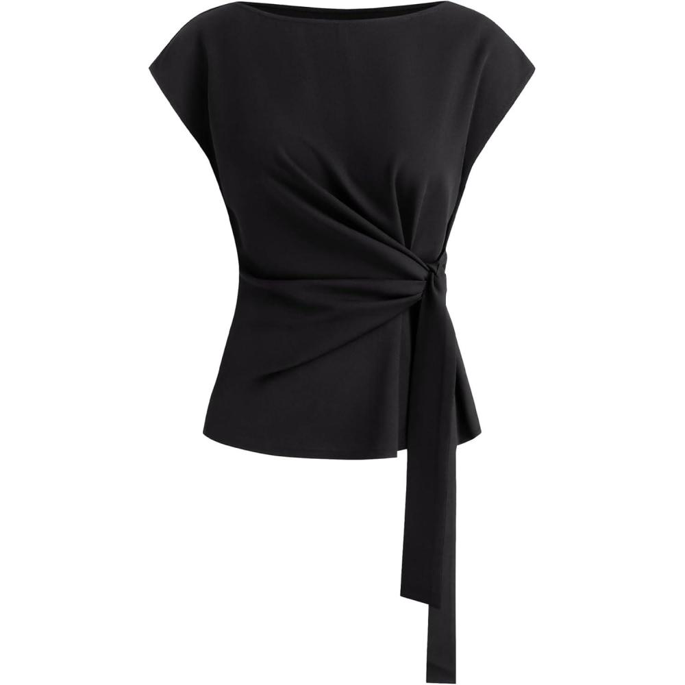 imageBTFBM Womens Tops Summer 2026 Cap Sleeve Crew Neck Tie Waist Blouses Dressy Casual Business Work Clothes Spring FashionBlack