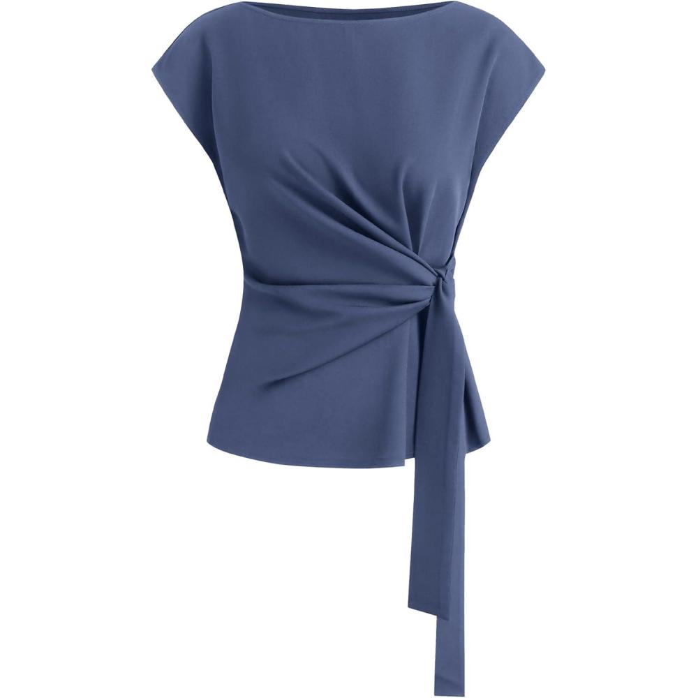 imageBTFBM Womens Tops Summer 2026 Cap Sleeve Crew Neck Tie Waist Blouses Dressy Casual Business Work Clothes Spring FashionGrey Blue