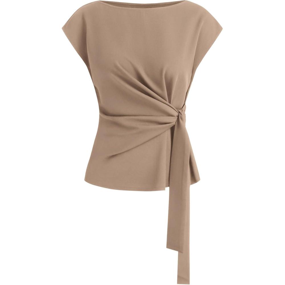 imageBTFBM Womens Tops Summer 2026 Cap Sleeve Crew Neck Tie Waist Blouses Dressy Casual Business Work Clothes Spring FashionKhaki