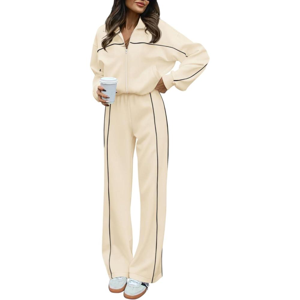 imageBTFBM Womens Two Piece Tracksuit Fall 2025 Long Sleeve Zip Up Sweatshirt Long Pants Outfits Jogger Sweatsuit SetsApricot