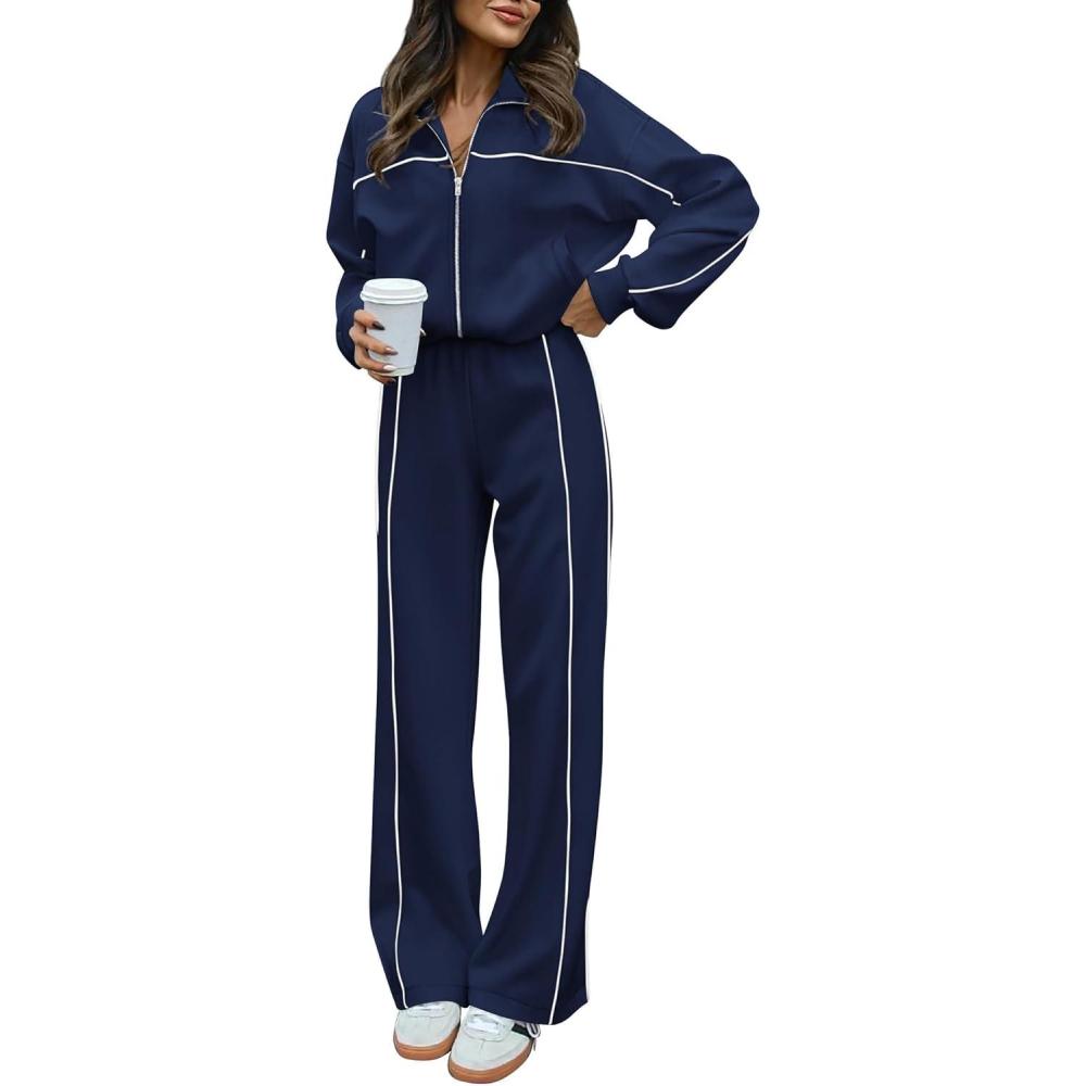 imageBTFBM Womens Two Piece Tracksuit Fall 2025 Long Sleeve Zip Up Sweatshirt Long Pants Outfits Jogger Sweatsuit SetsNavy Blue