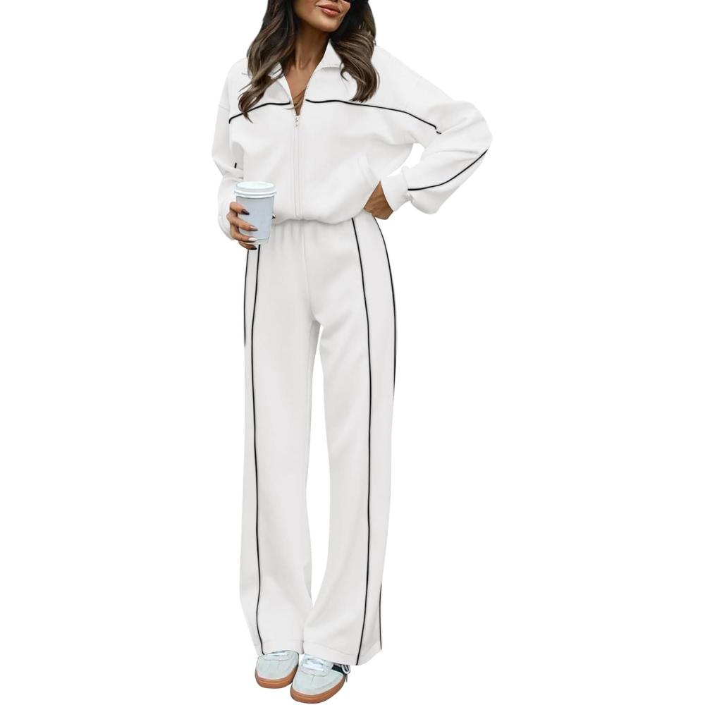 imageBTFBM Womens Two Piece Tracksuit Fall 2025 Long Sleeve Zip Up Sweatshirt Long Pants Outfits Jogger Sweatsuit SetsWhite