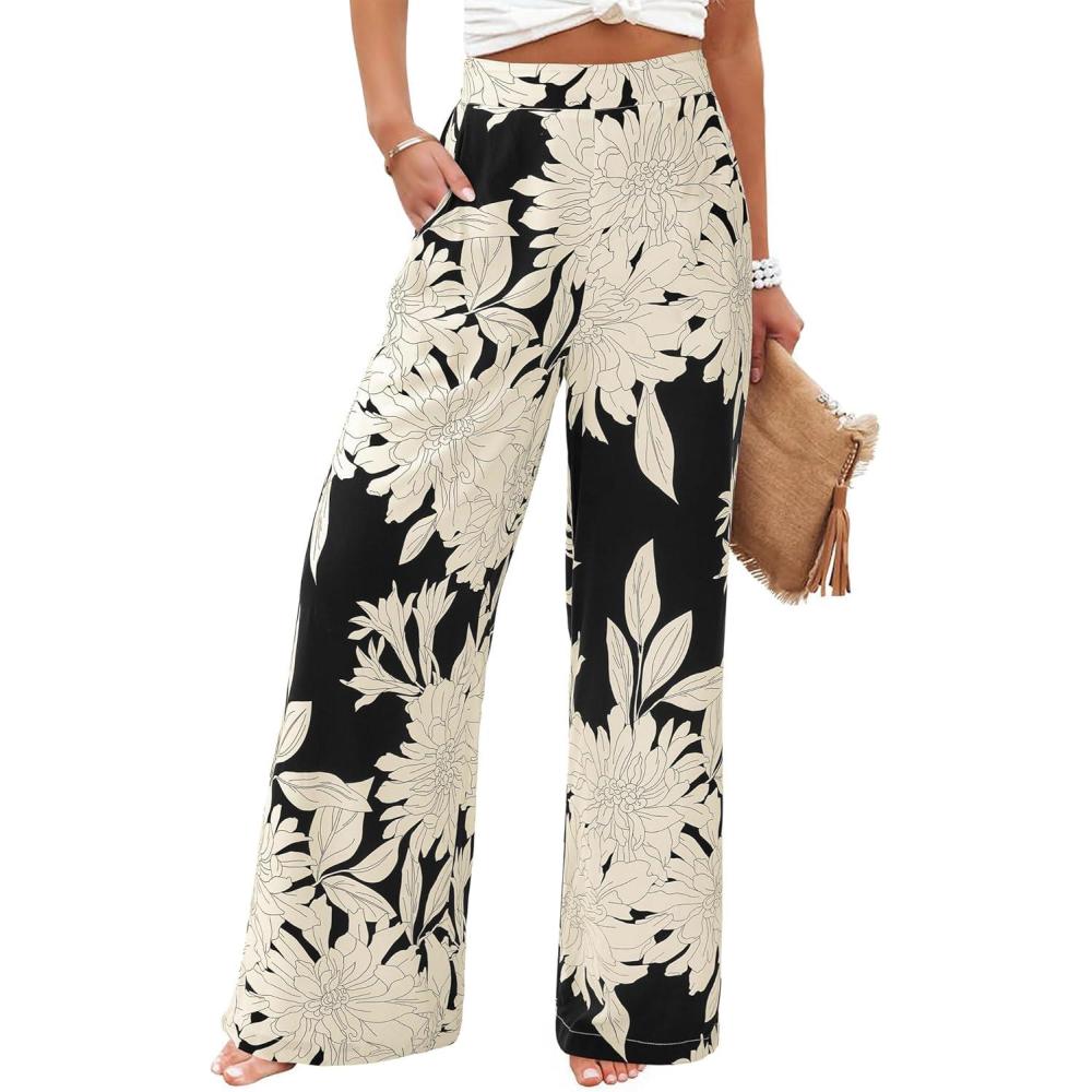 imageBTFBM Womens Wide Leg Summer Pants 2025 Boho Beach Vacation Loose Elastic Waist Printed Palazzo Pant PocketsFloral Black Apricot