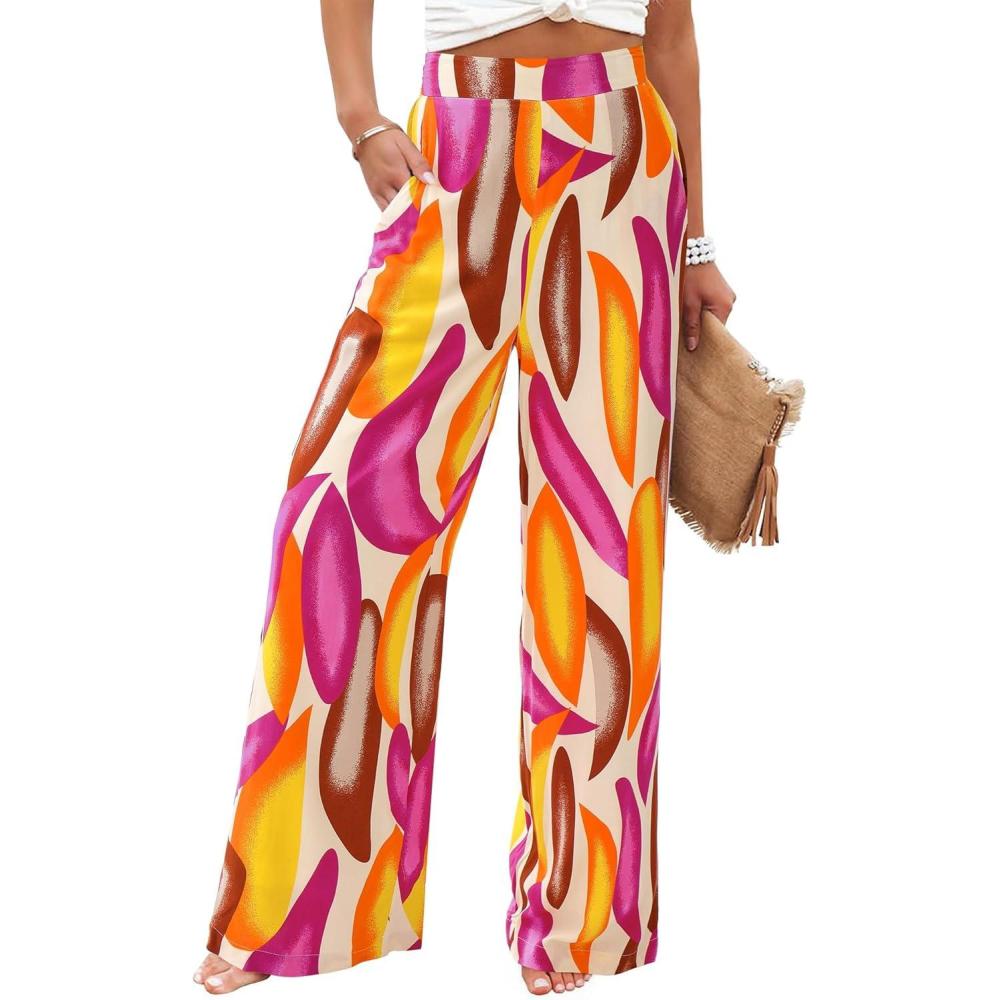 imageBTFBM Womens Wide Leg Summer Pants 2025 Boho Beach Vacation Loose Elastic Waist Printed Palazzo Pant PocketsPrint Beige Multicolor