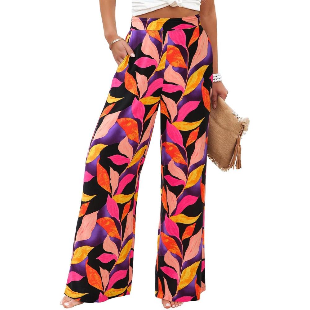 imageBTFBM Womens Wide Leg Summer Pants 2025 Boho Beach Vacation Loose Elastic Waist Printed Palazzo Pant PocketsPrint Black Multicolor