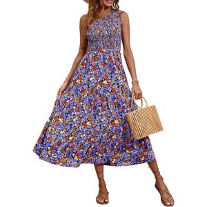 BTFBM 2026 Summer One Shoulder Dresses for Women Casual Spring Sleeveless Floral Flowy Smocked Boho Beach Maxi Dress(Floral Black Blue)
